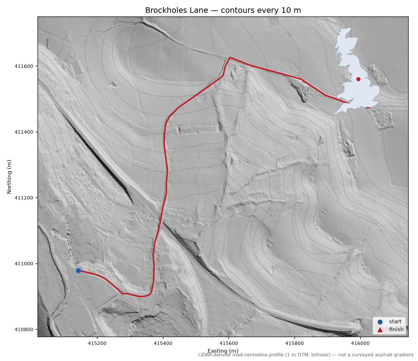 Brockholes Lane LiDAR hillshade map with contours
