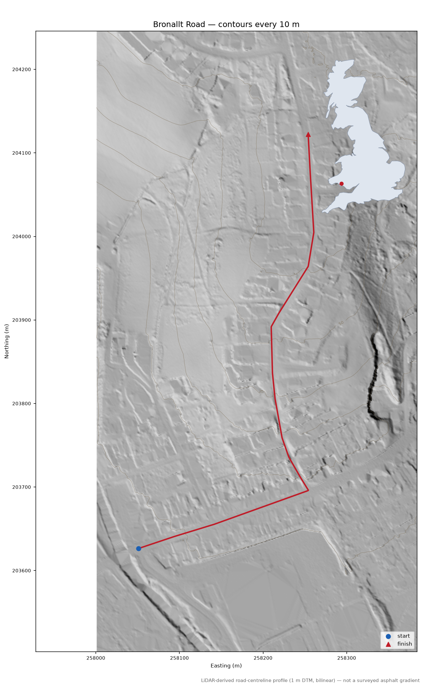 Bronallt Road LiDAR hillshade map with contours