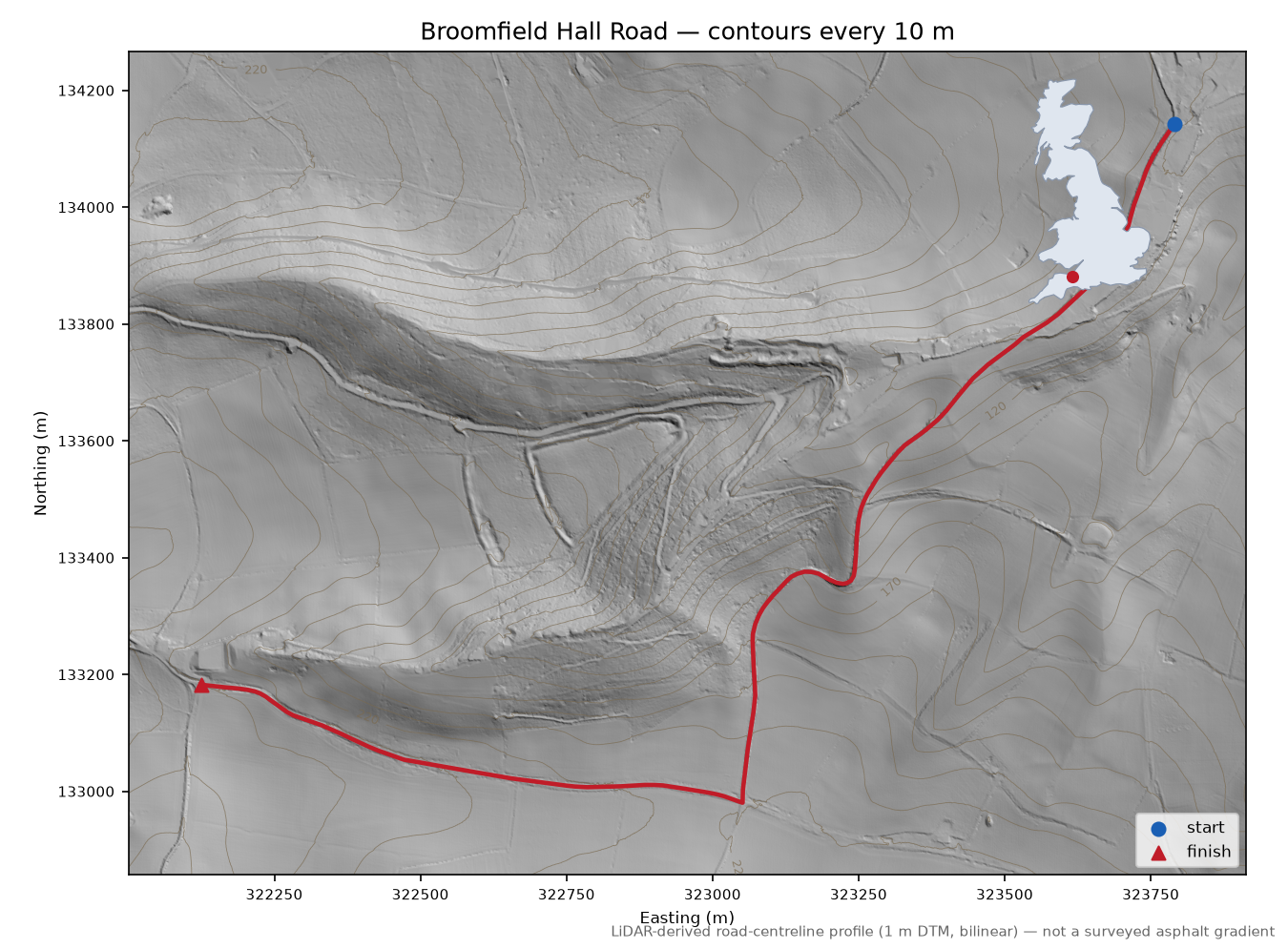 Broomfield Hall Road LiDAR hillshade map with contours