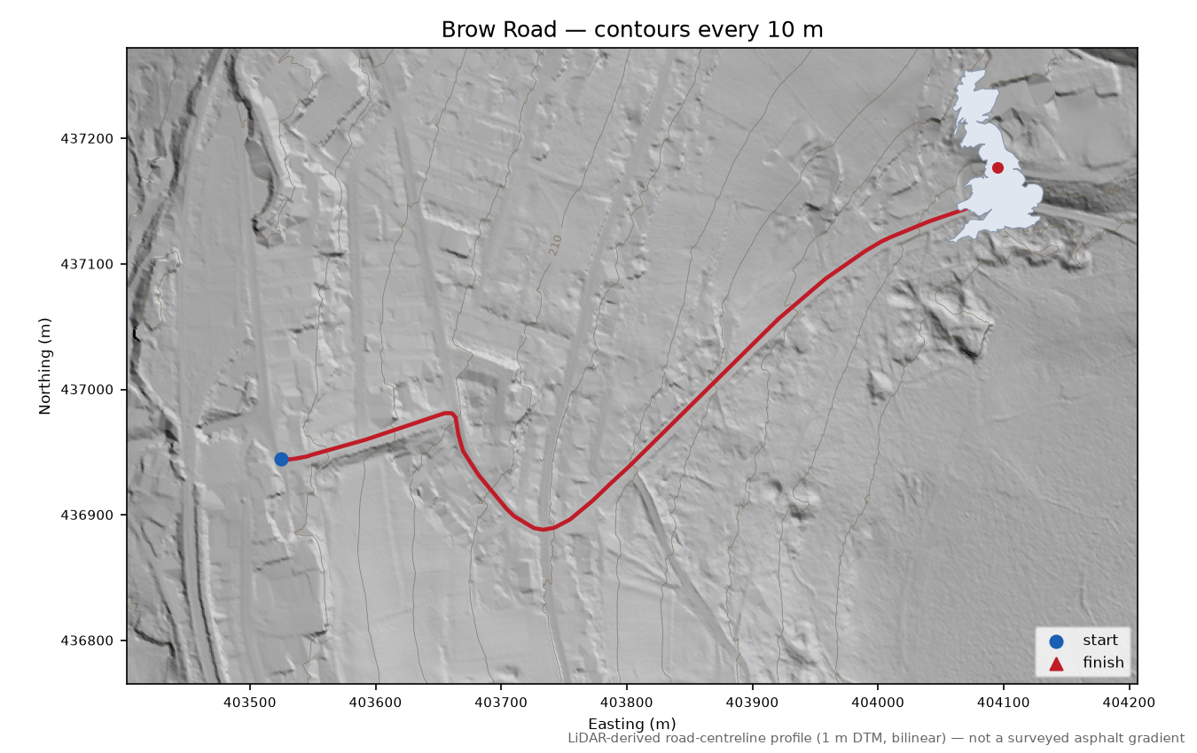 Brow Road LiDAR hillshade map with contours