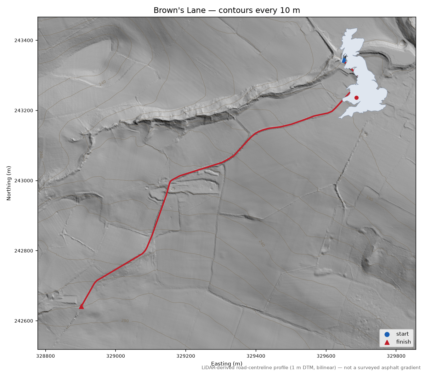 Brown's Lane LiDAR hillshade map with contours