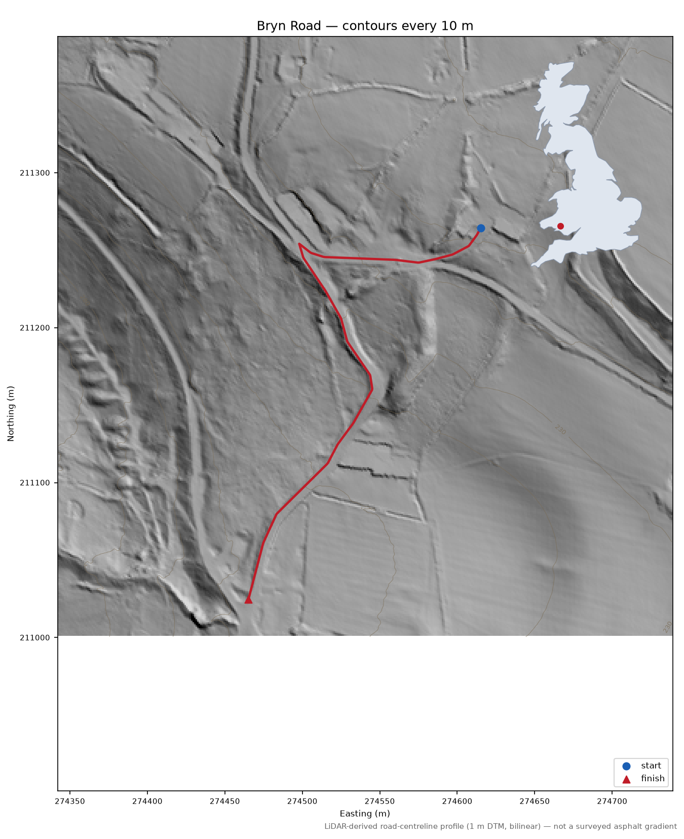 Bryn Road LiDAR hillshade map with contours