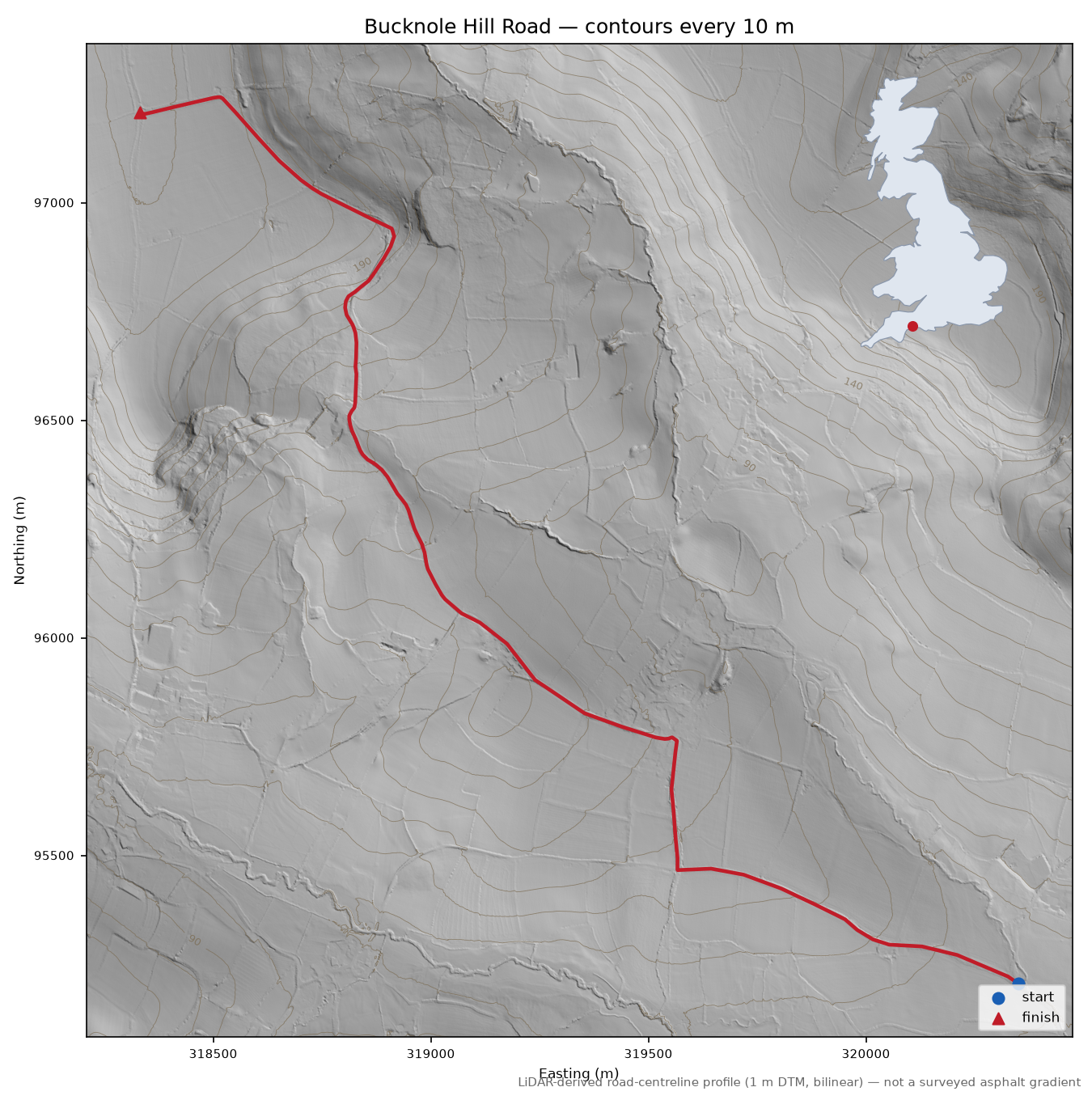 Bucknole Hill Road LiDAR hillshade map with contours