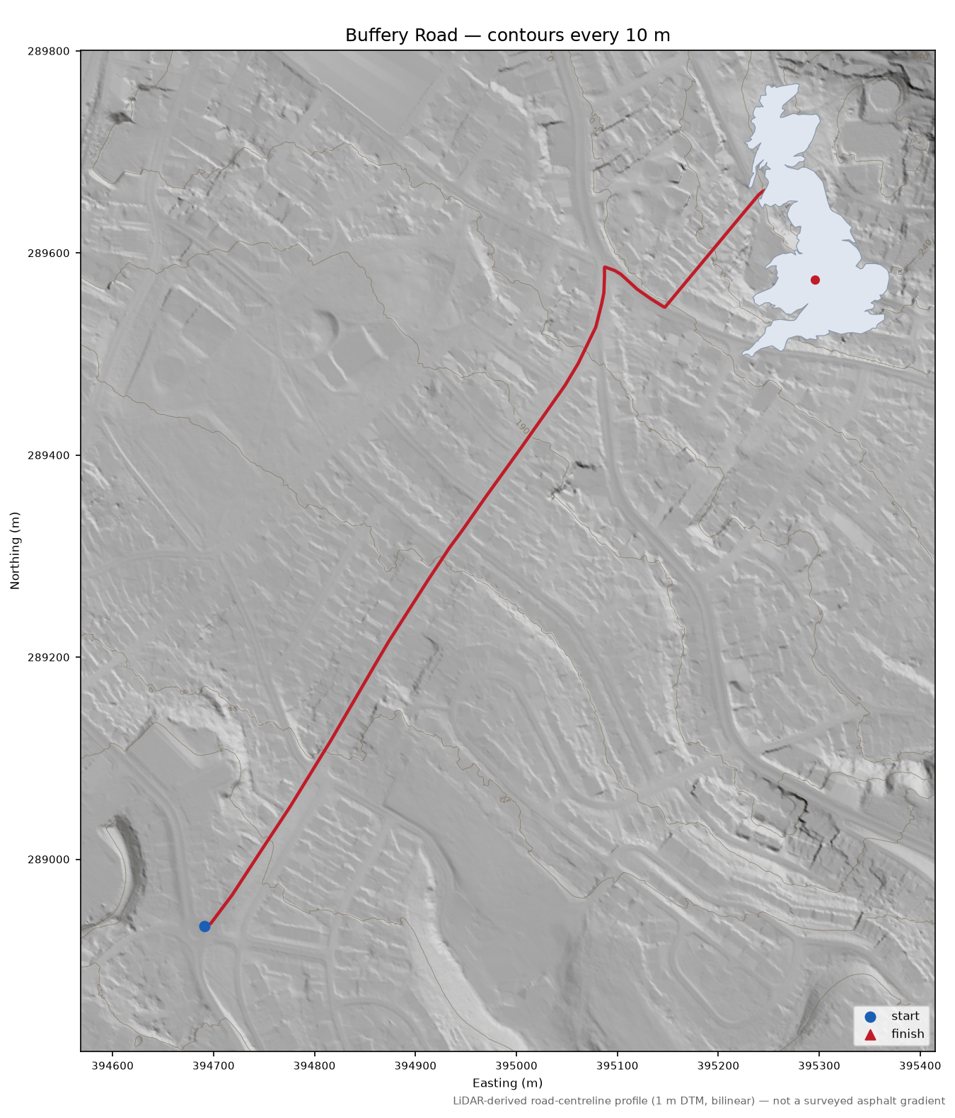 Buffery Road LiDAR hillshade map with contours