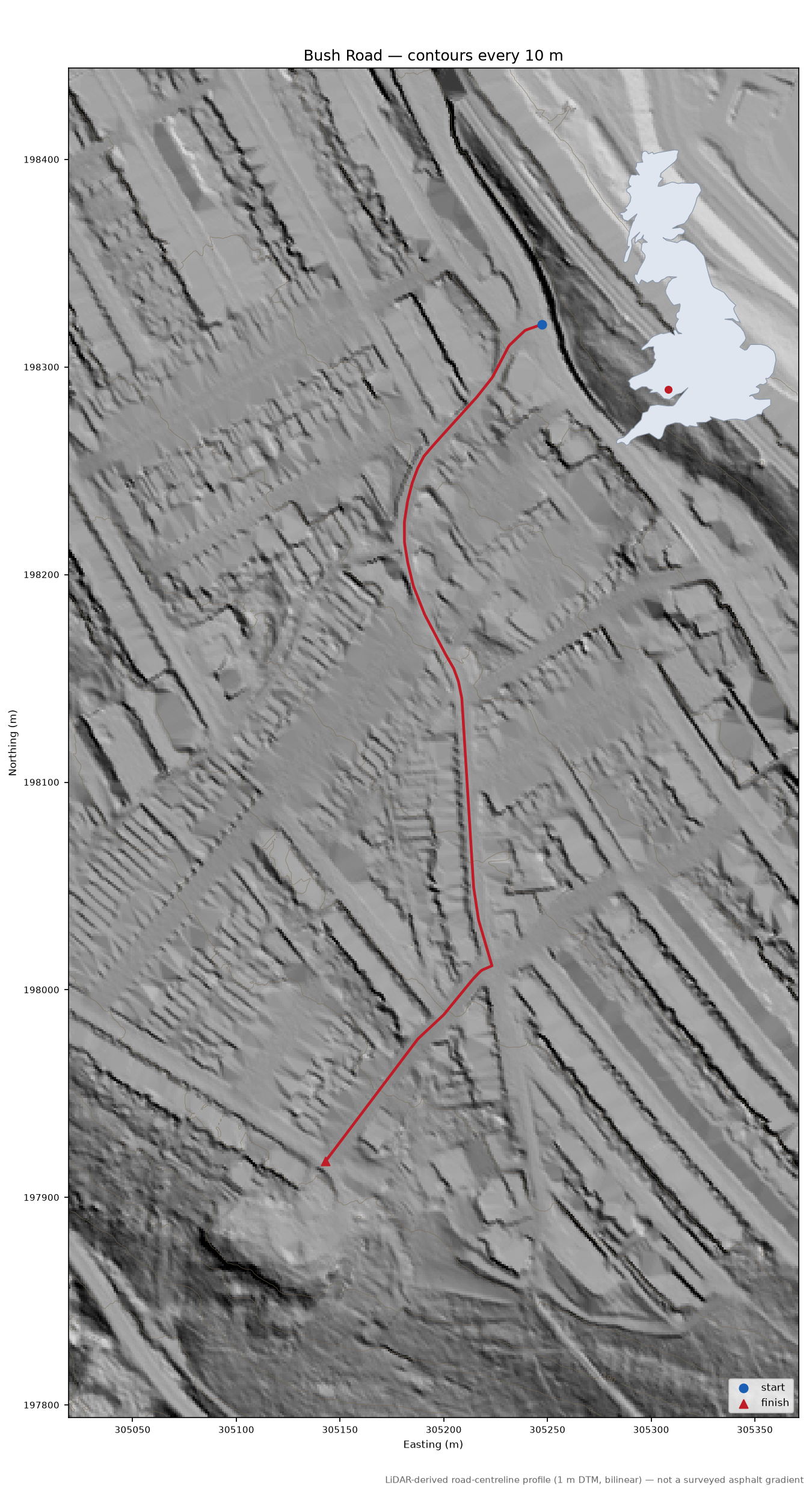 Bush Road LiDAR hillshade map with contours