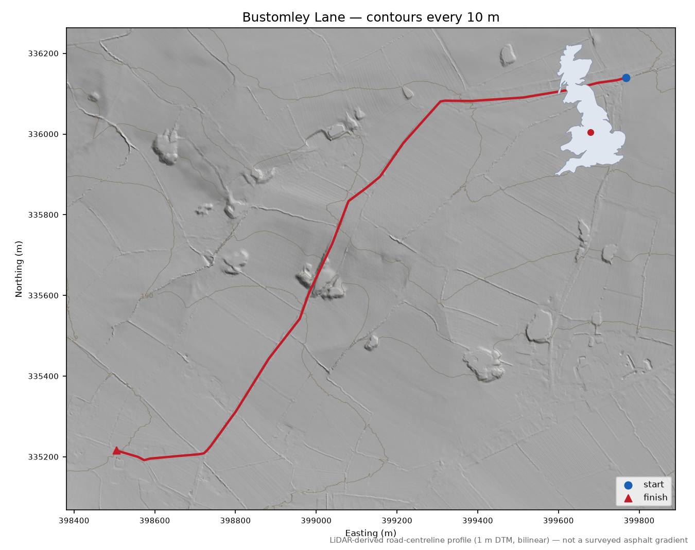 Bustomley Lane LiDAR hillshade map with contours