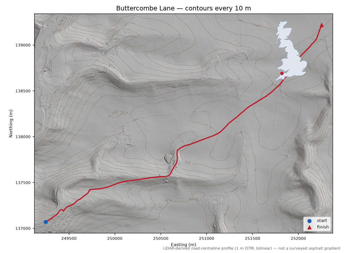 Buttercombe Lane LiDAR hillshade map with contours