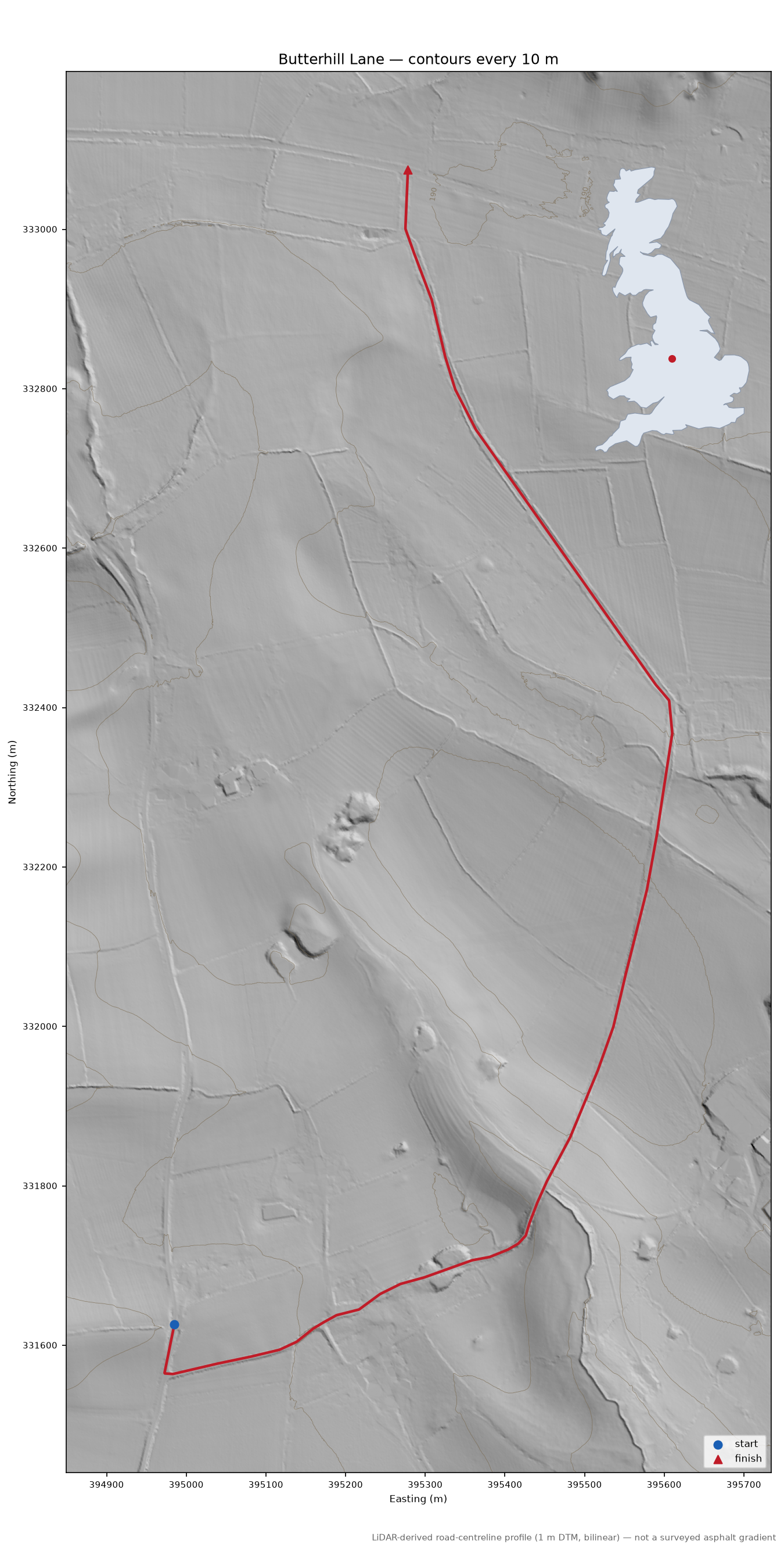 Butterhill Lane LiDAR hillshade map with contours