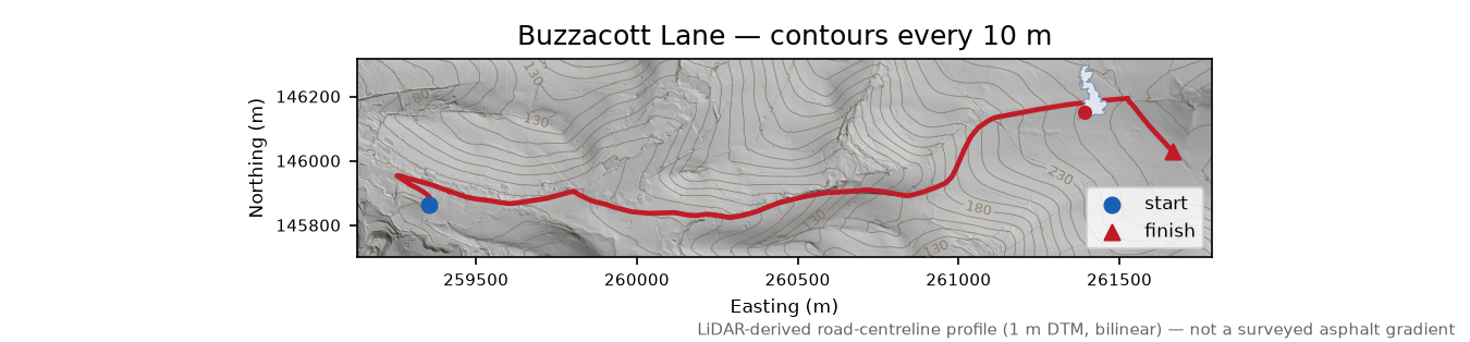 Buzzacott Lane LiDAR hillshade map with contours