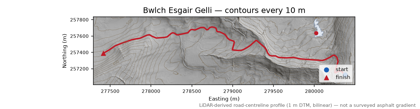 Bwlch Esgair Gelli LiDAR hillshade map with contours