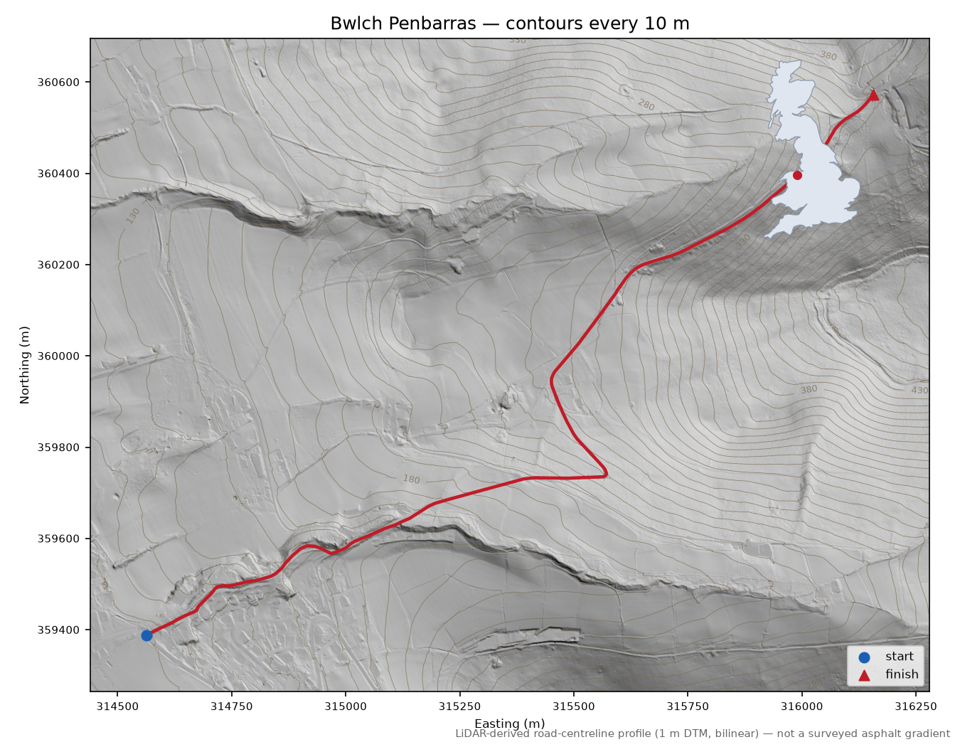 Bwlch Penbarras LiDAR hillshade map with contours