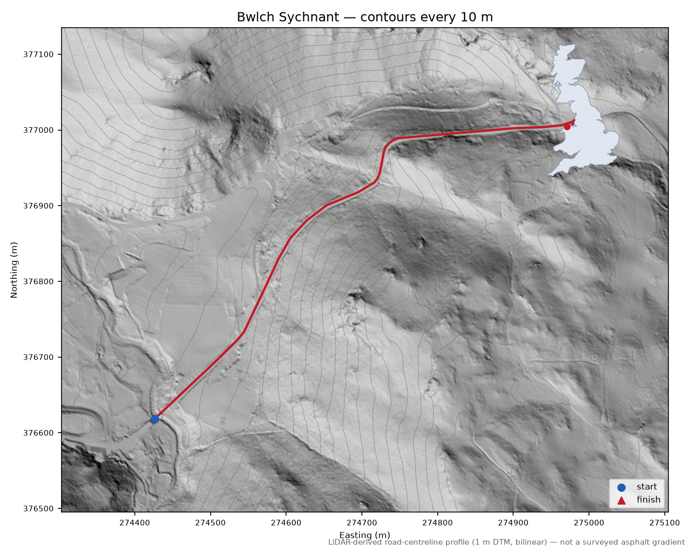 Bwlch Sychnant LiDAR hillshade map with contours