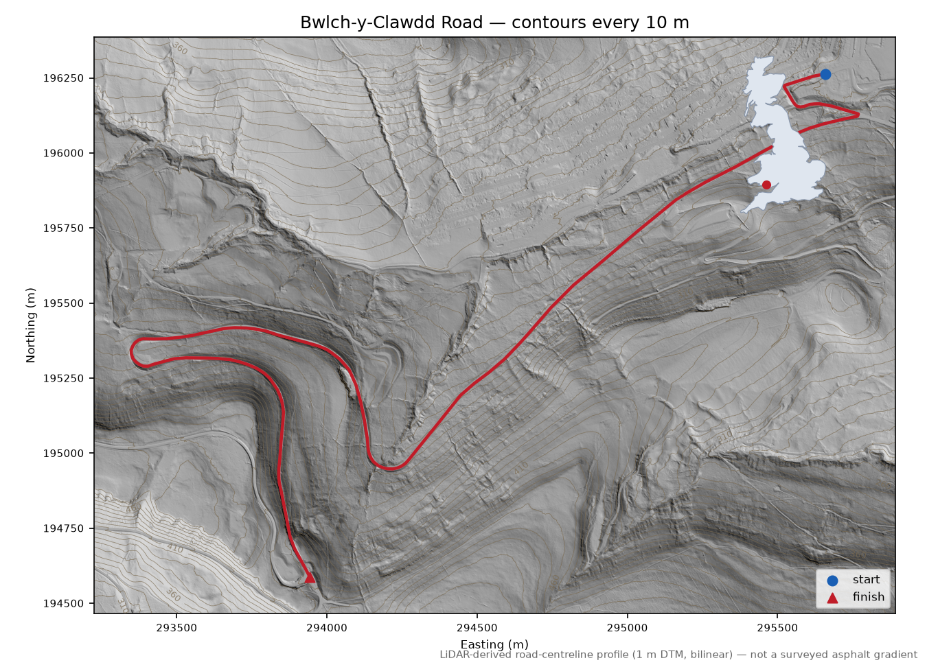 Bwlch-y-Clawdd Road LiDAR hillshade map with contours