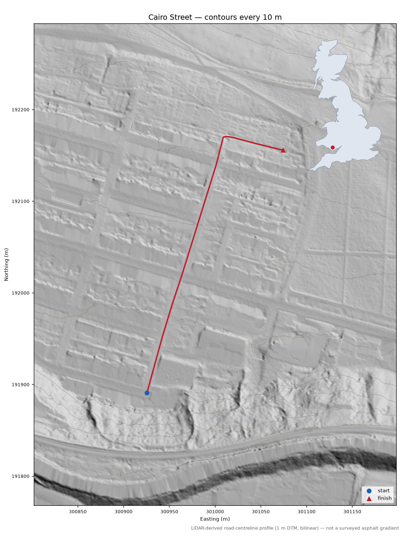 Cairo Street LiDAR hillshade map with contours