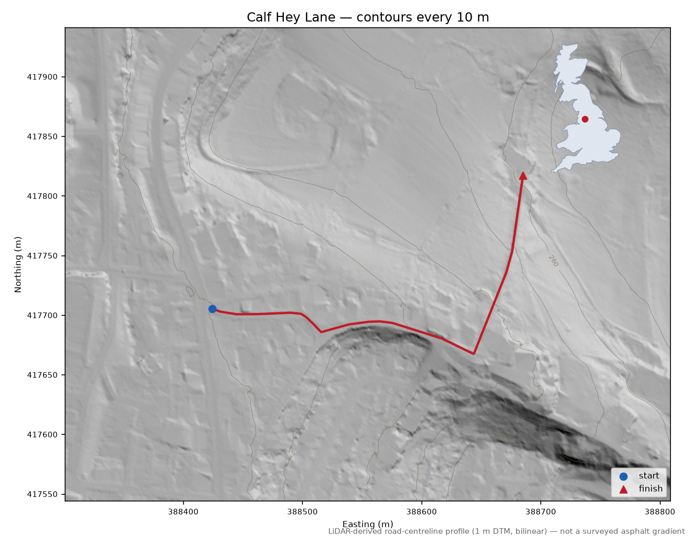 Calf Hey Lane LiDAR hillshade map with contours
