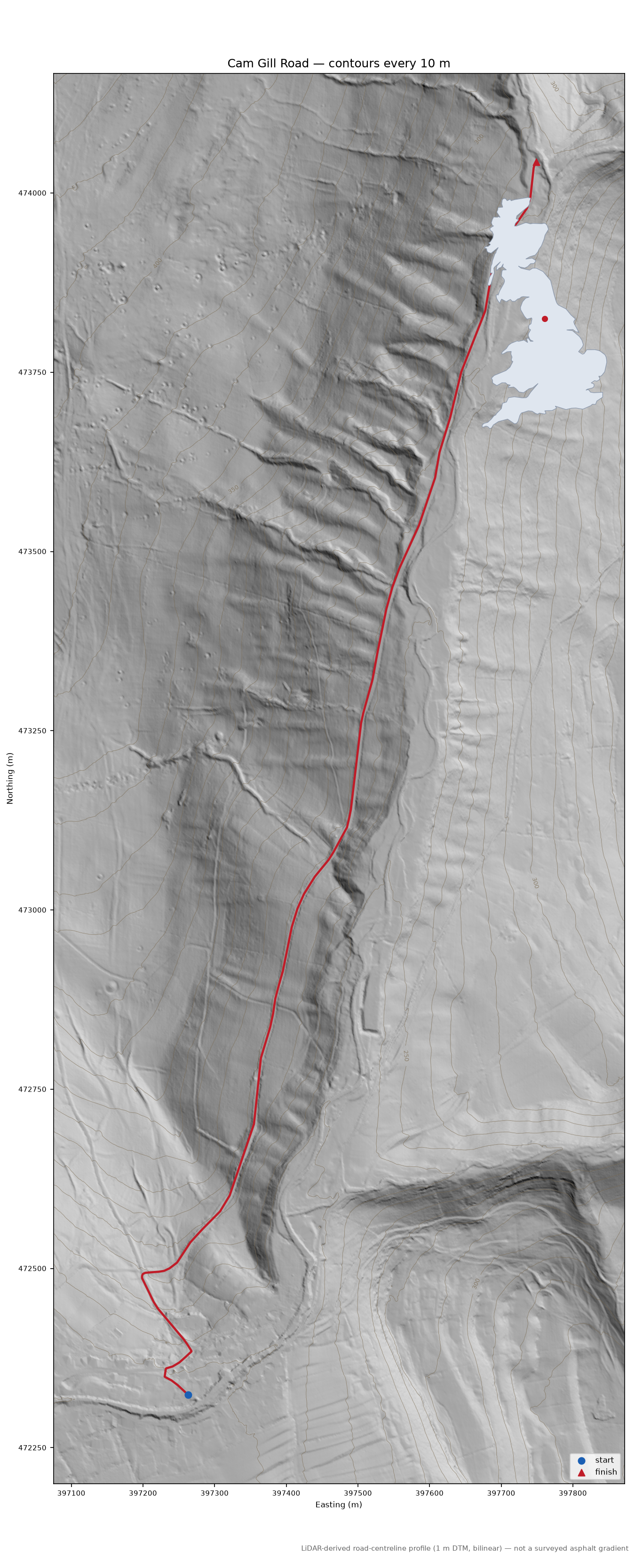 Cam Gill Road LiDAR hillshade map with contours