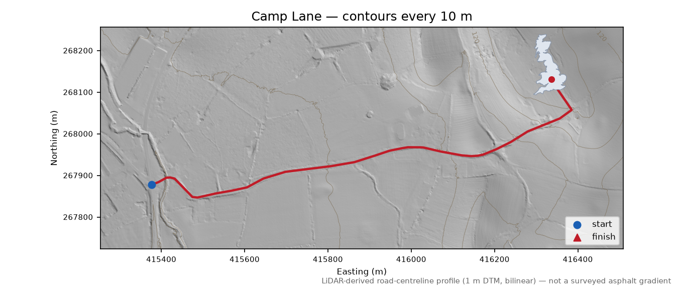Camp Lane LiDAR hillshade map with contours