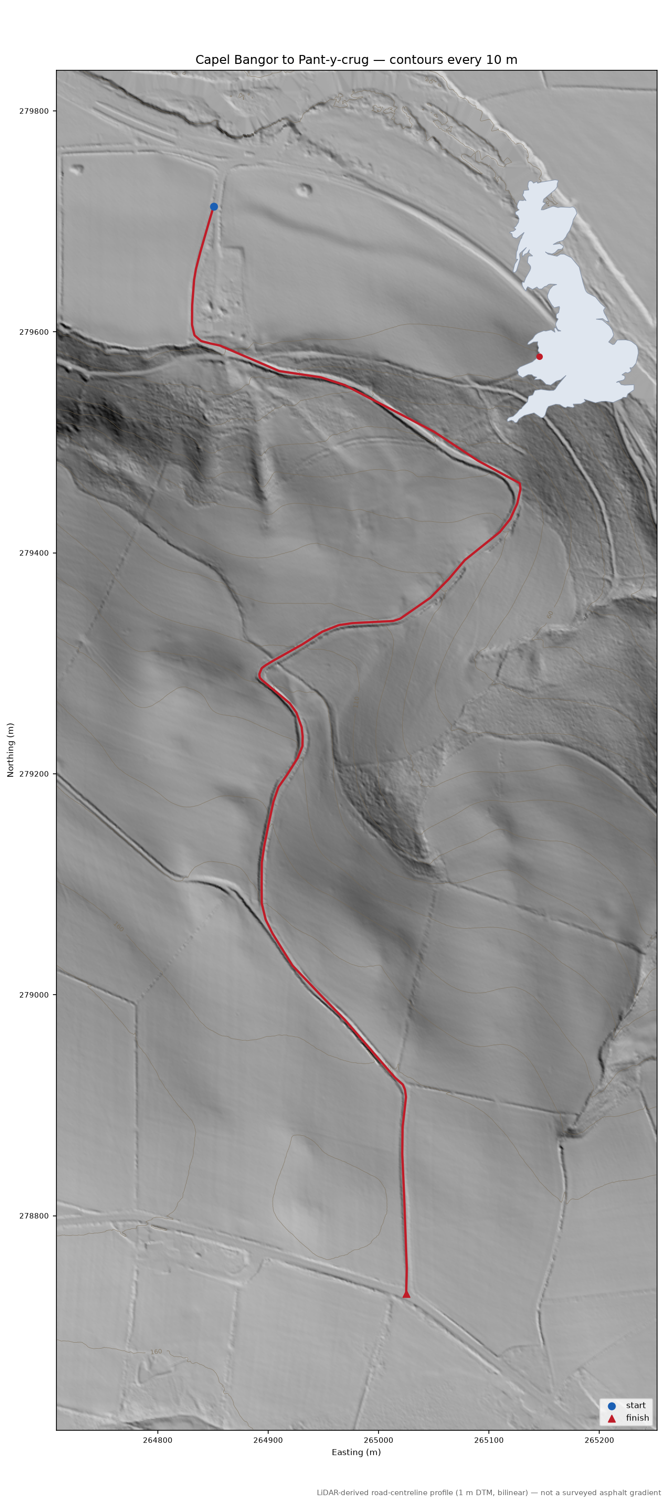 Capel Bangor to Pant-y-crug LiDAR hillshade map with contours
