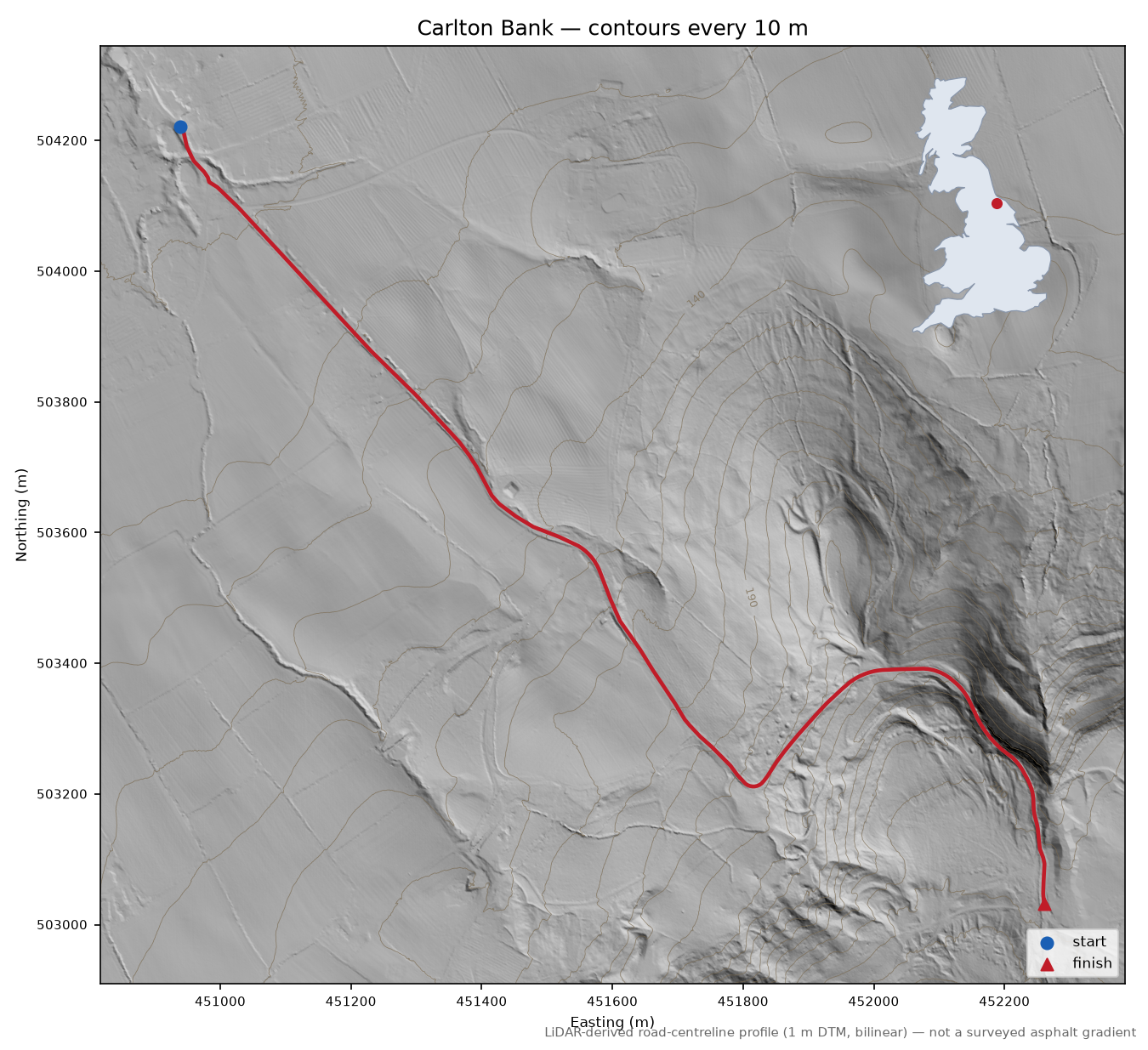 Carlton Bank LiDAR hillshade map with contours