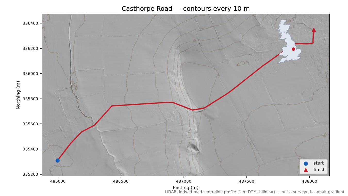 Casthorpe Road LiDAR hillshade map with contours