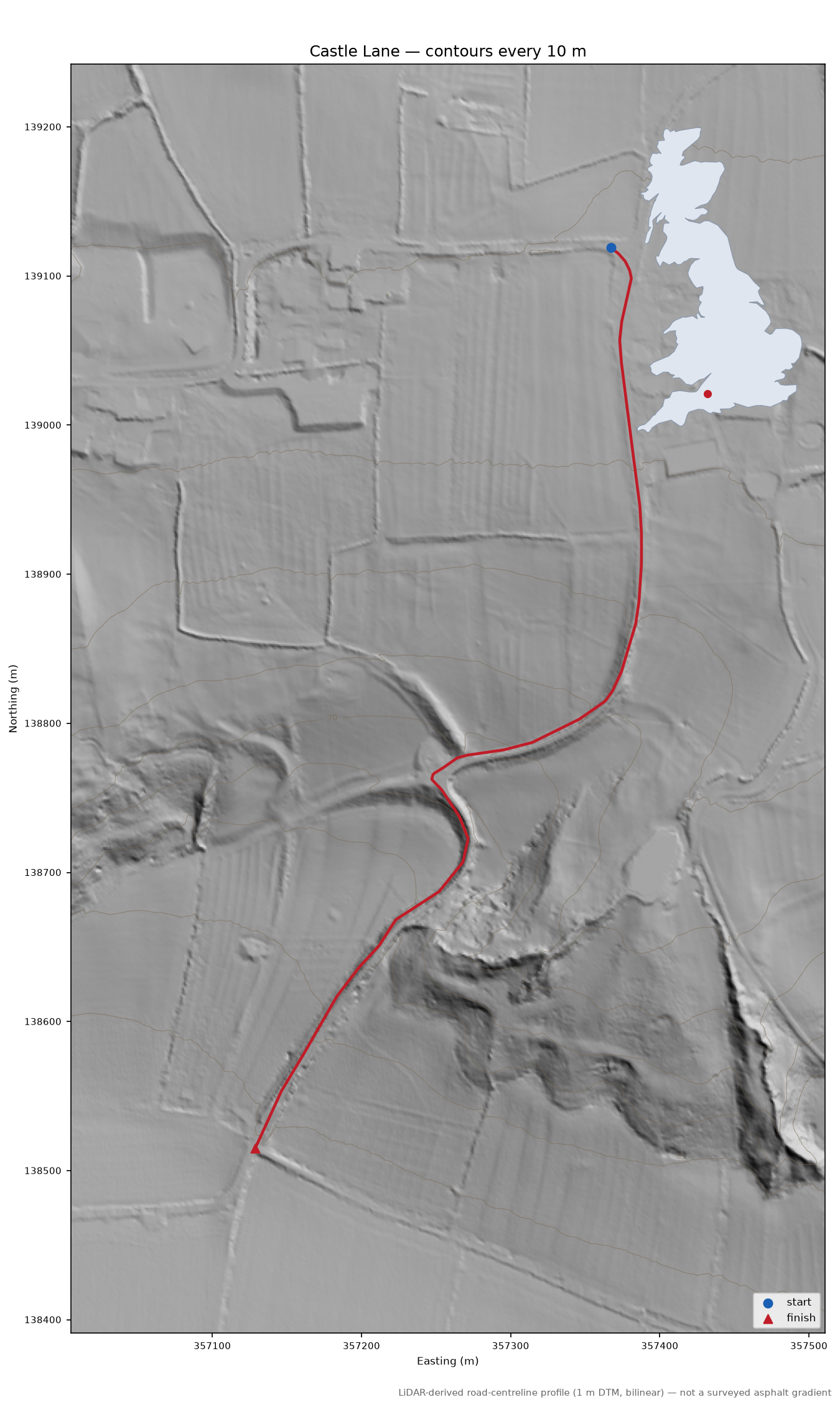 Castle Lane LiDAR hillshade map with contours