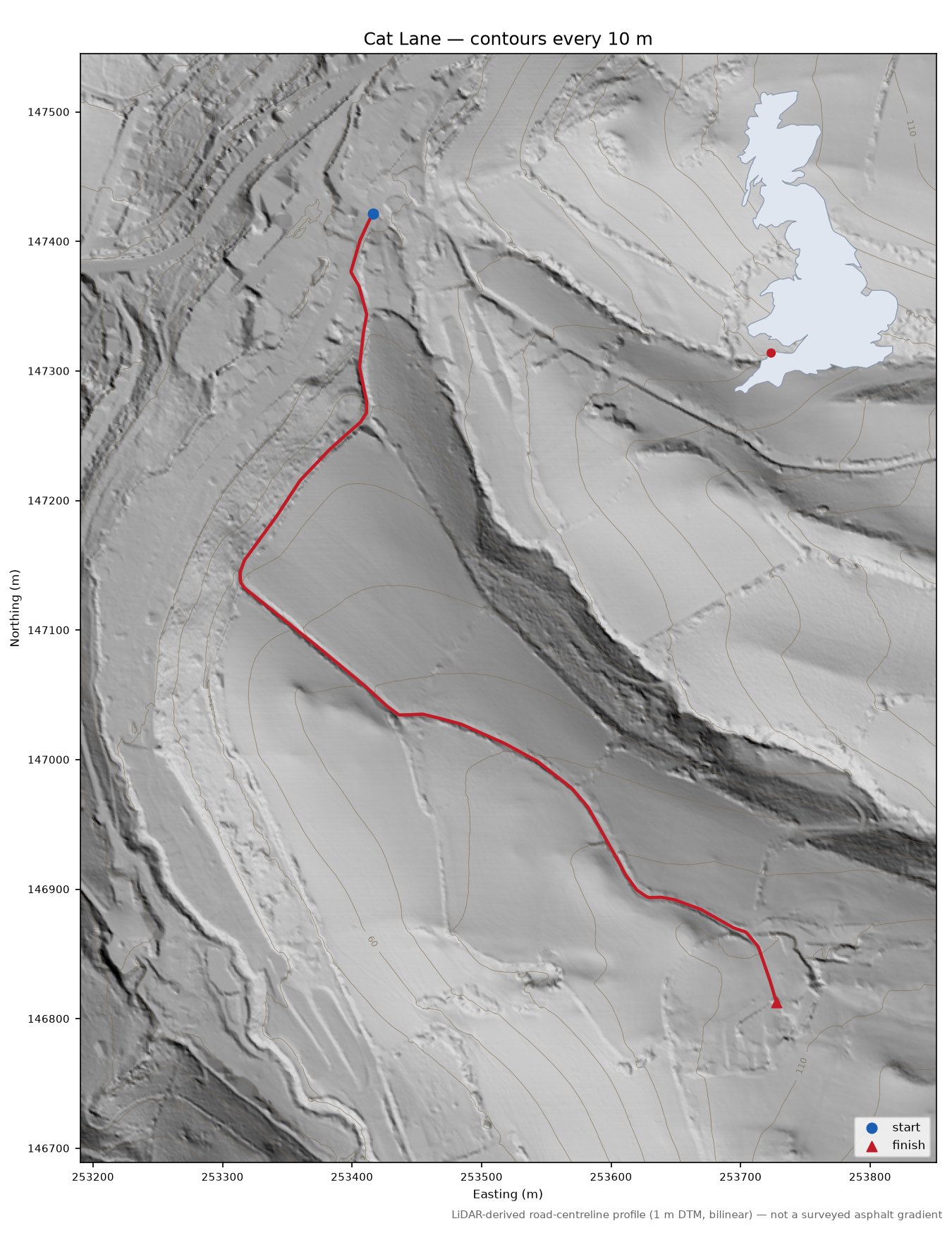 Cat Lane LiDAR hillshade map with contours