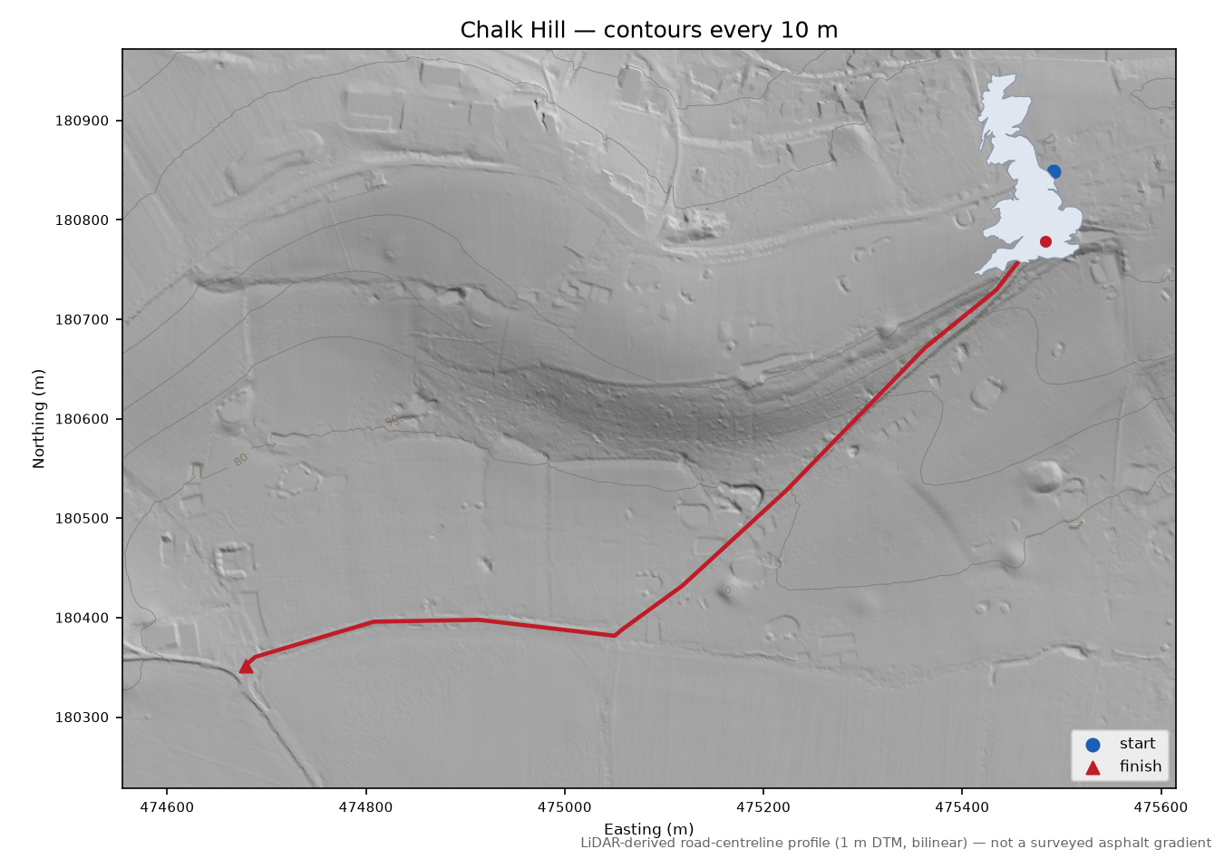 Chalk Hill LiDAR hillshade map with contours