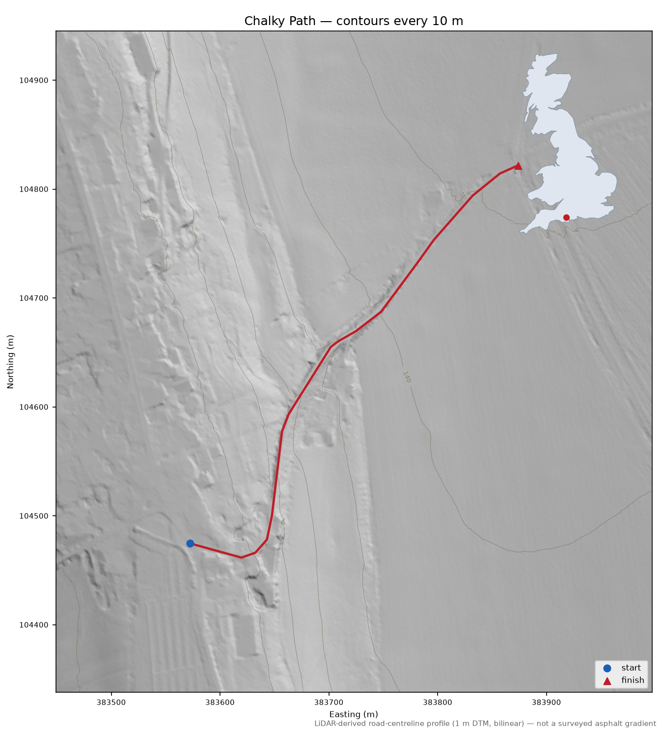 Chalky Path LiDAR hillshade map with contours