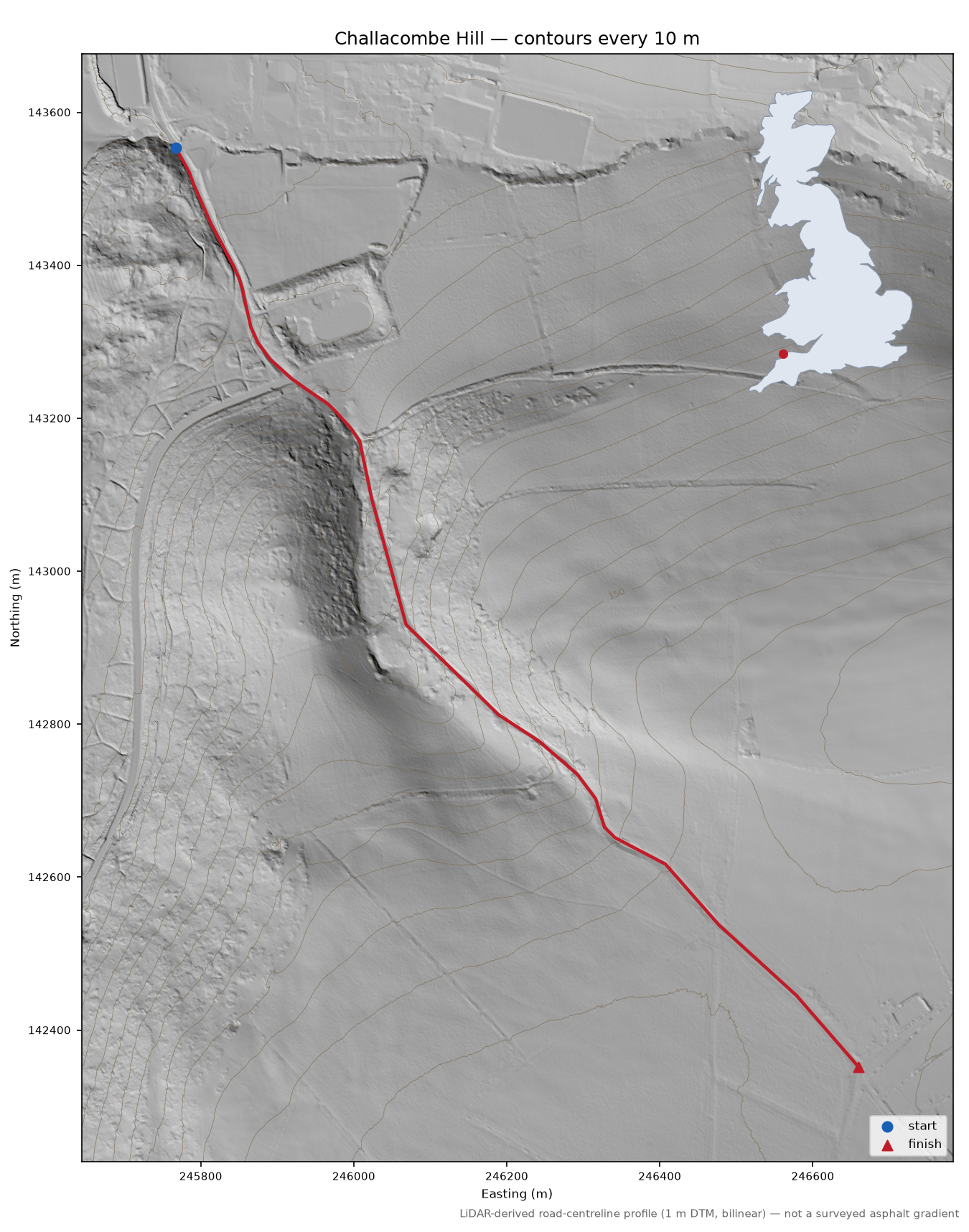 Challacombe Hill LiDAR hillshade map with contours