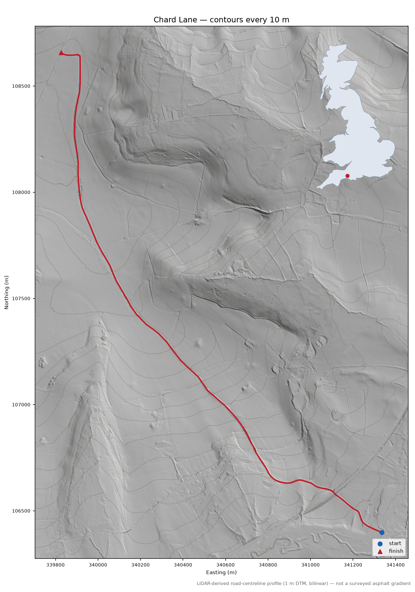 Chard Lane LiDAR hillshade map with contours