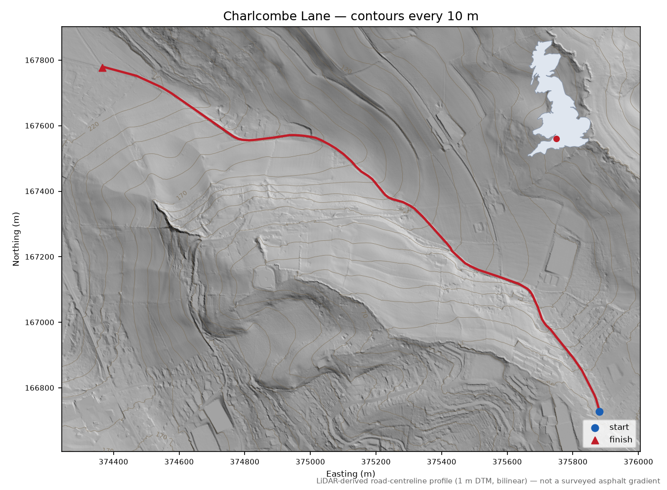 Charlcombe Lane LiDAR hillshade map with contours