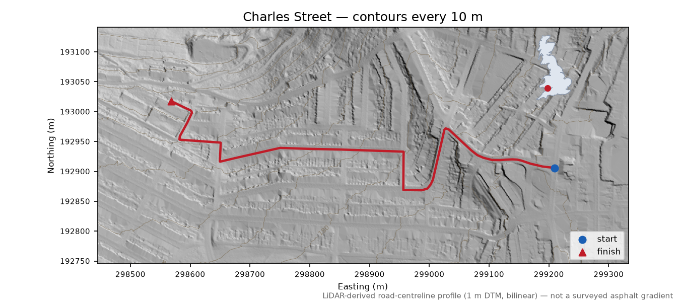 Charles Street LiDAR hillshade map with contours