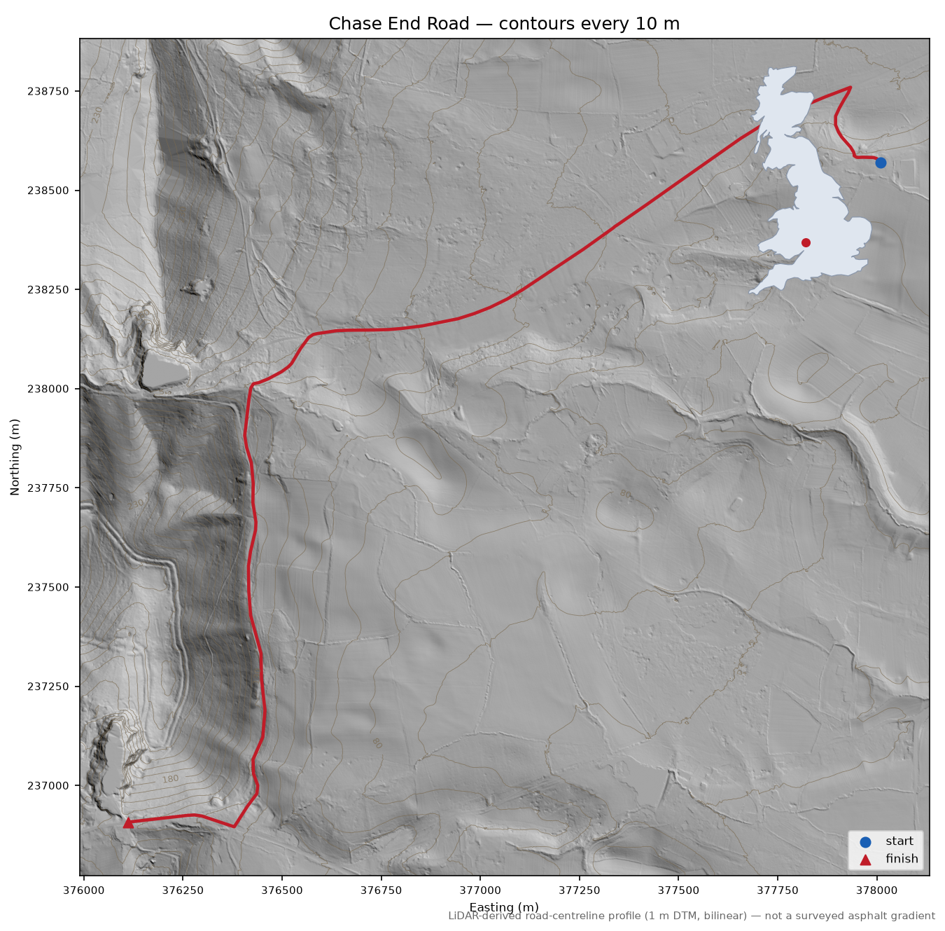 Chase End Road LiDAR hillshade map with contours