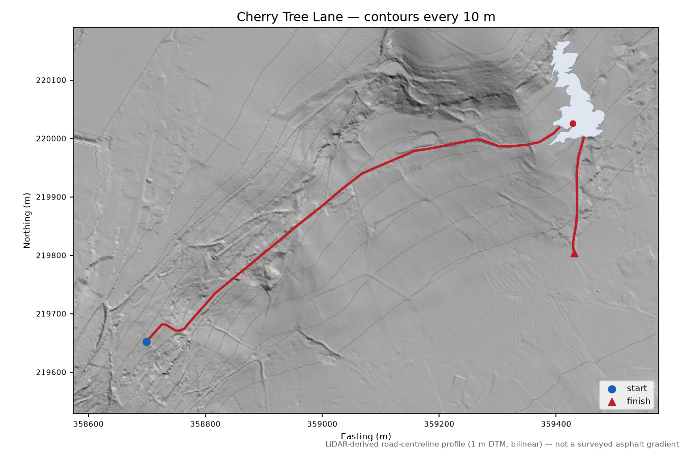 Cherry Tree Lane LiDAR hillshade map with contours