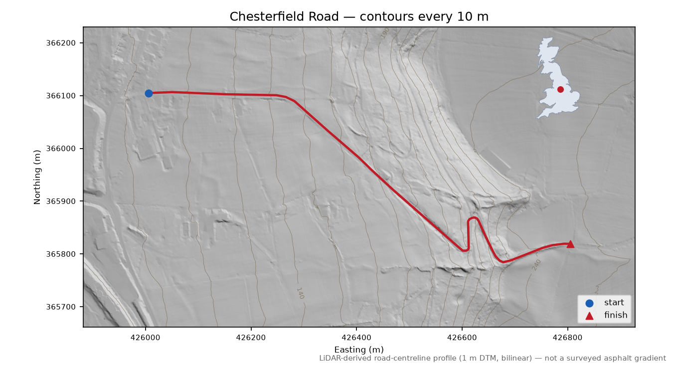 Chesterfield Road LiDAR hillshade map with contours