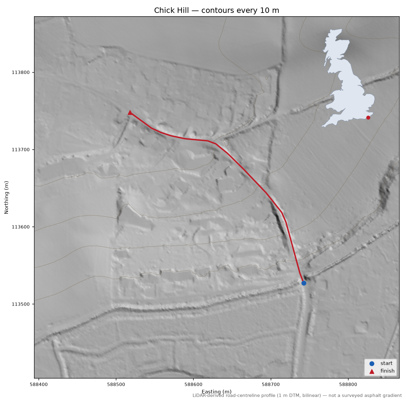Chick Hill LiDAR hillshade map with contours