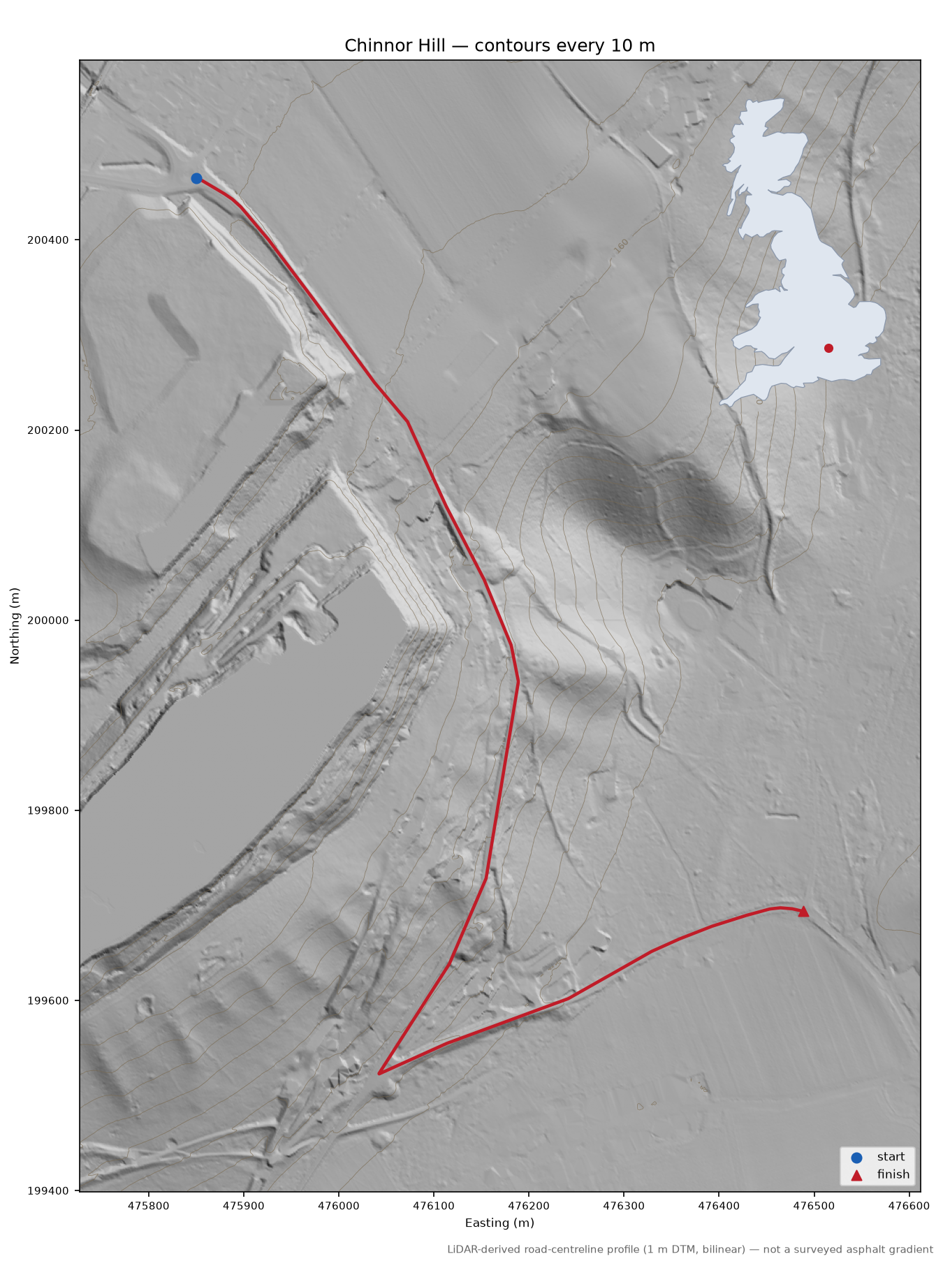 Chinnor Hill LiDAR hillshade map with contours