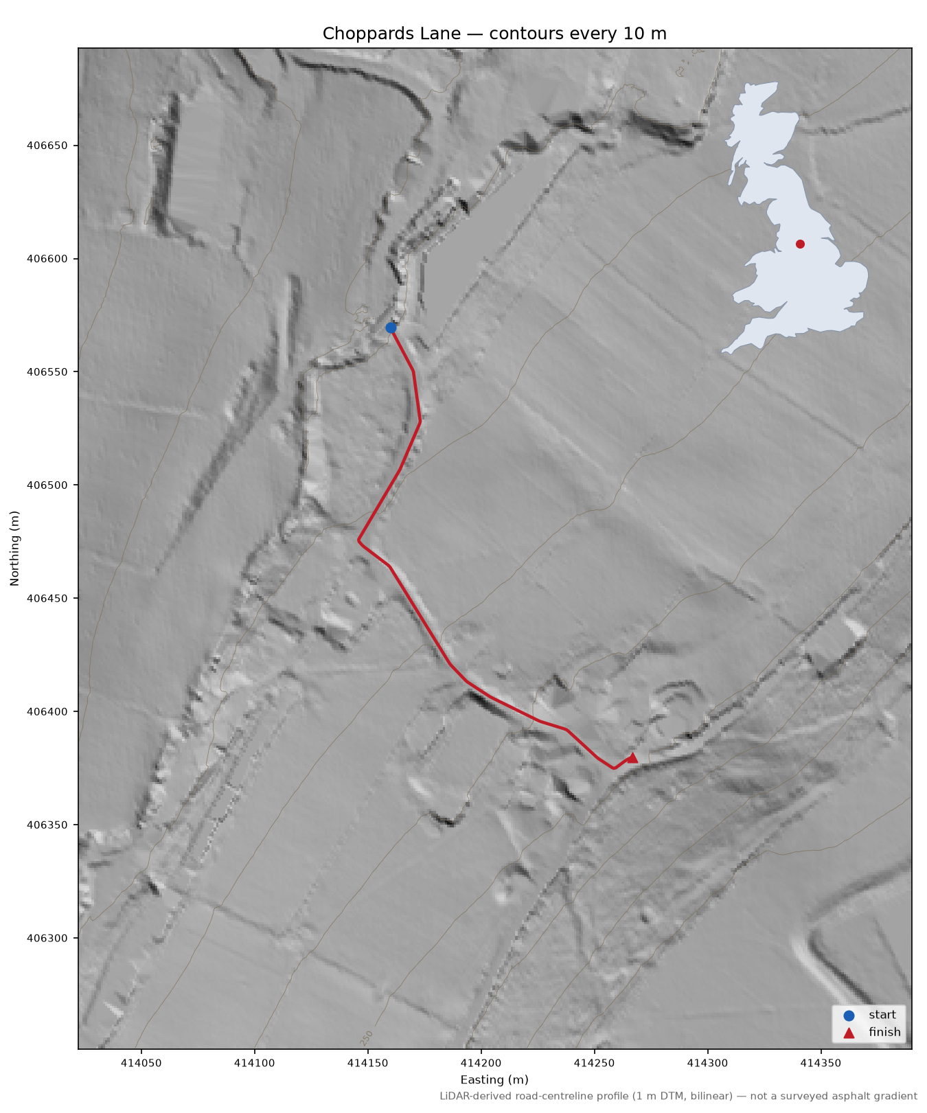 Choppards Lane LiDAR hillshade map with contours