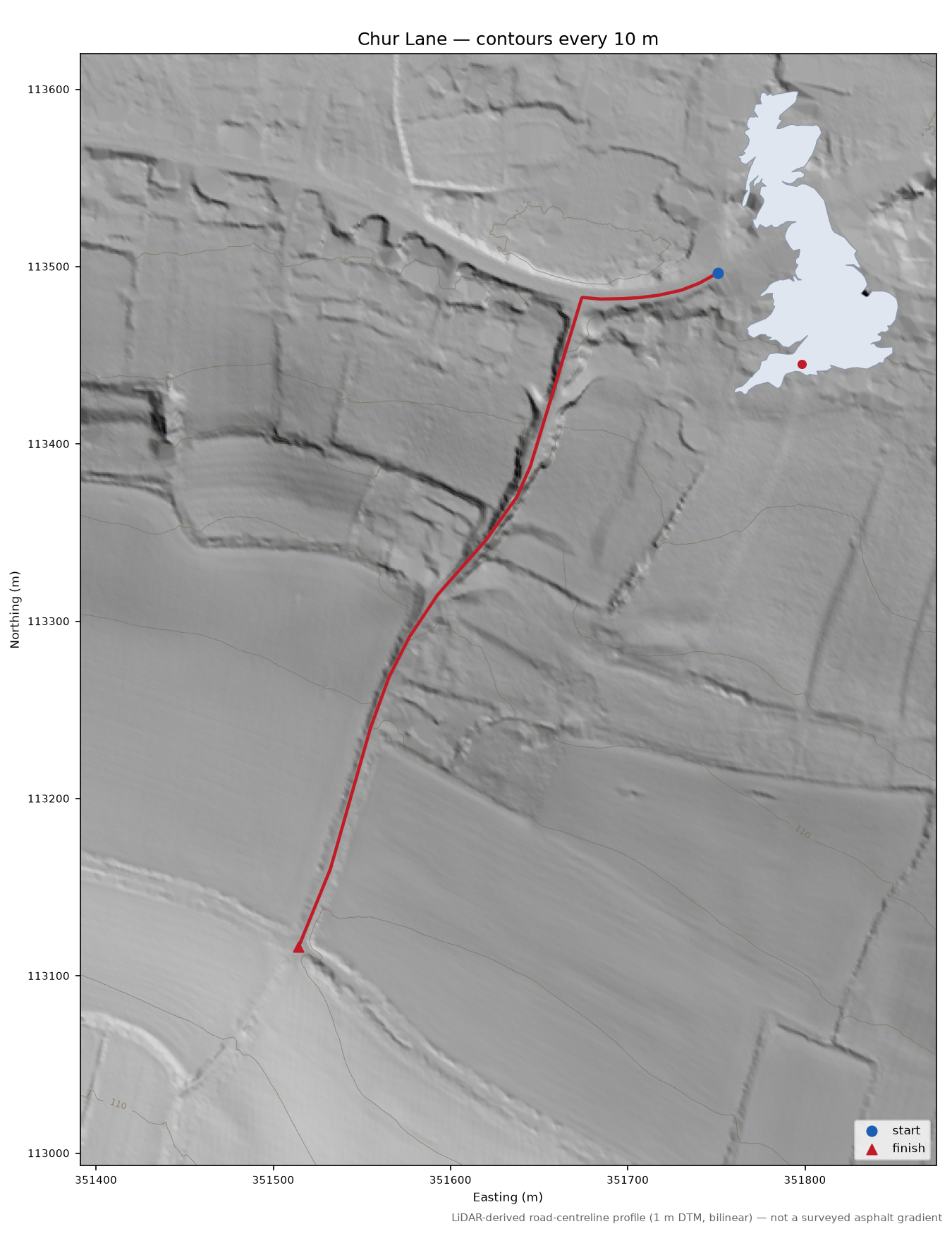 Chur Lane LiDAR hillshade map with contours