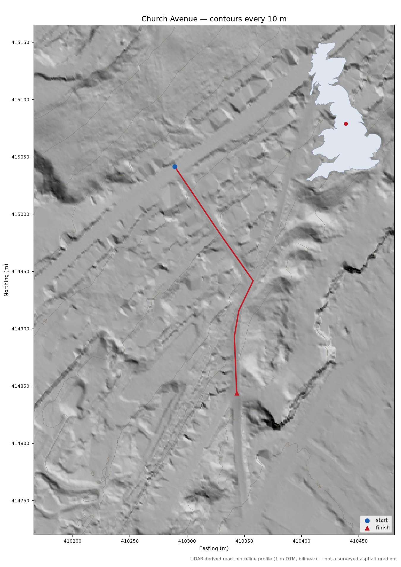 Church Avenue LiDAR hillshade map with contours