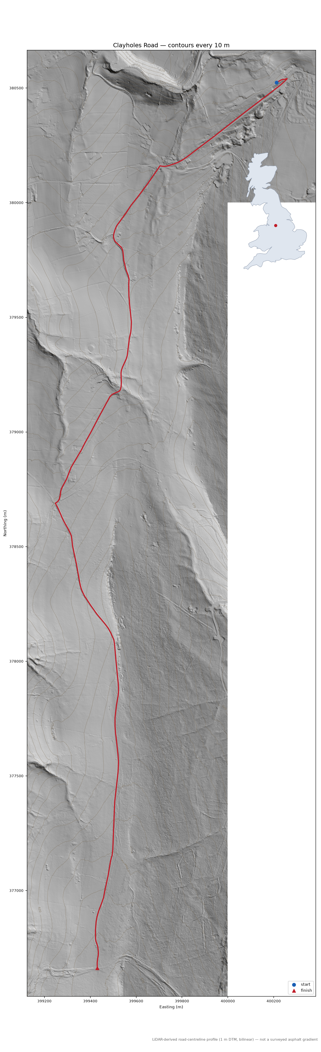 Clayholes Road LiDAR hillshade map with contours