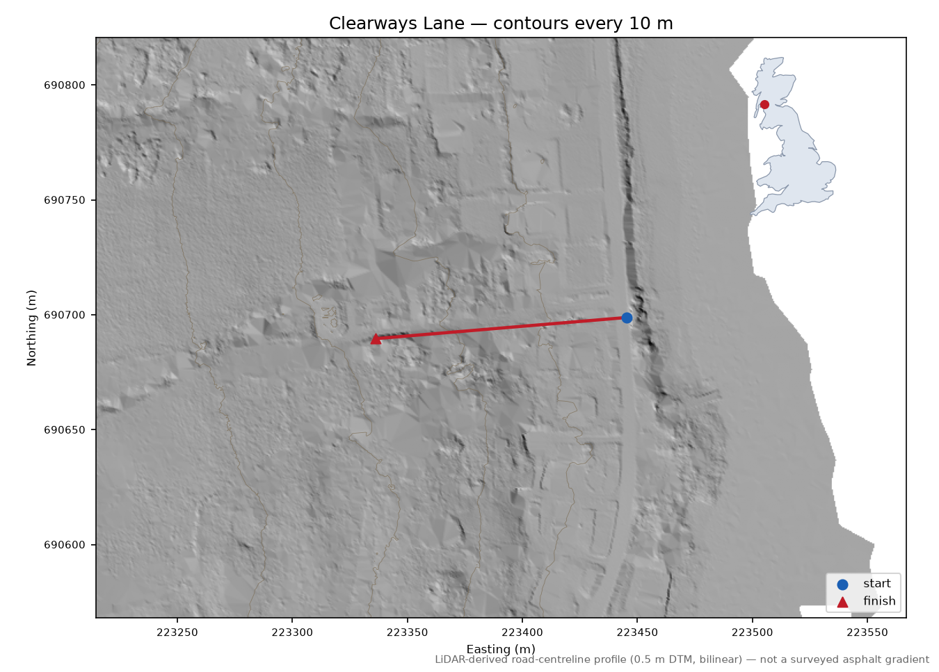 Clearways Lane LiDAR hillshade map with contours
