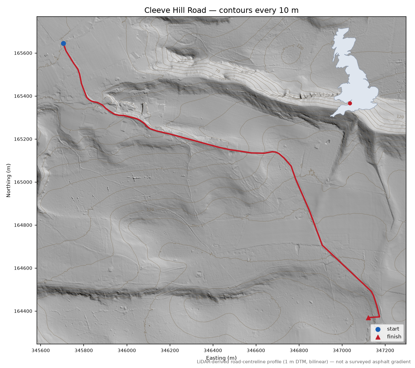 Cleeve Hill Road LiDAR hillshade map with contours