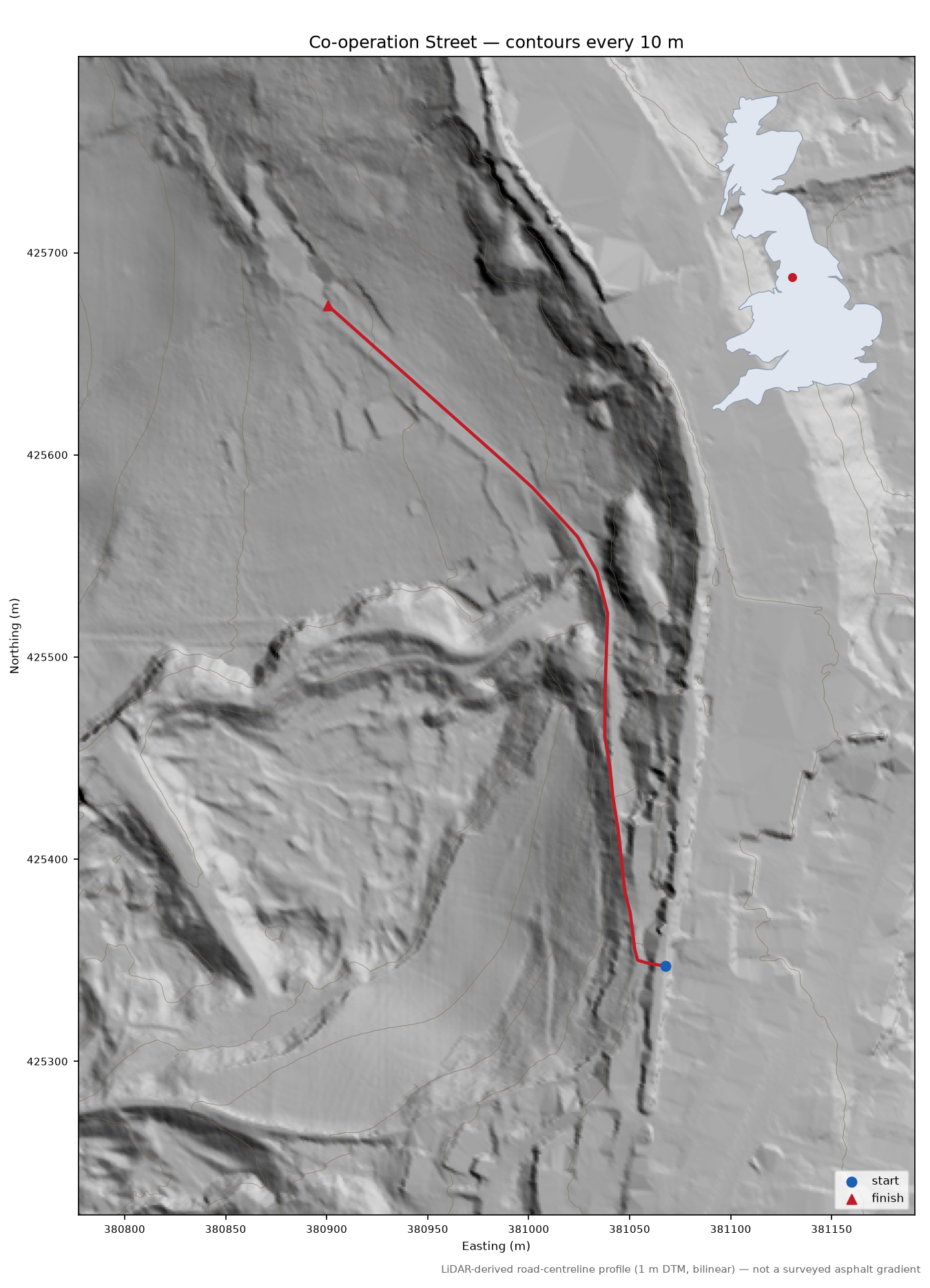 Co-operation Street LiDAR hillshade map with contours