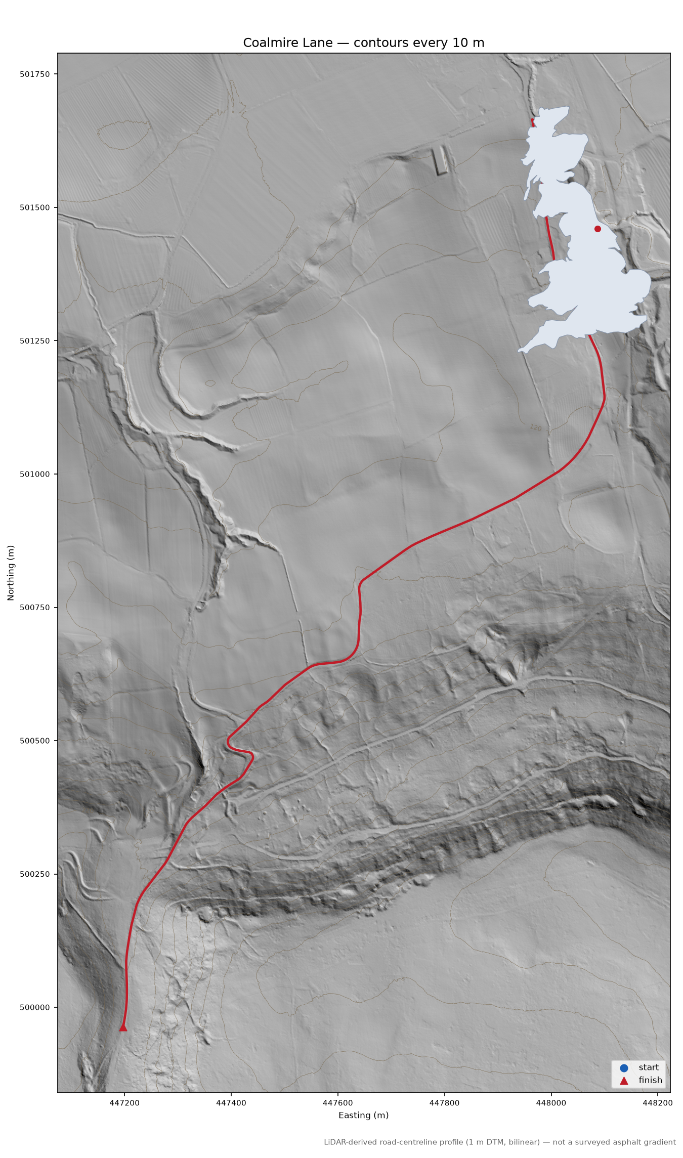 Coalmire Lane LiDAR hillshade map with contours