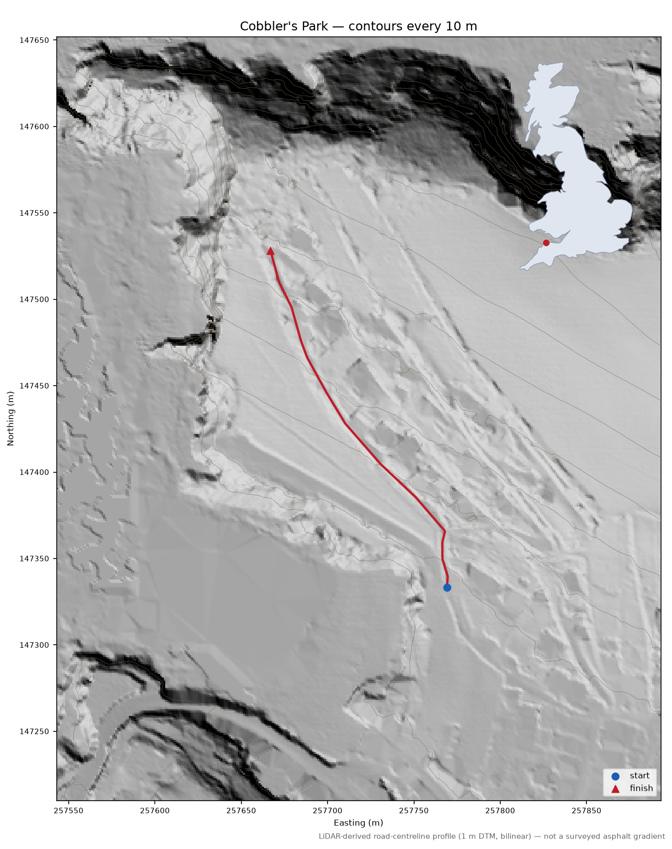 Cobbler's Park LiDAR hillshade map with contours