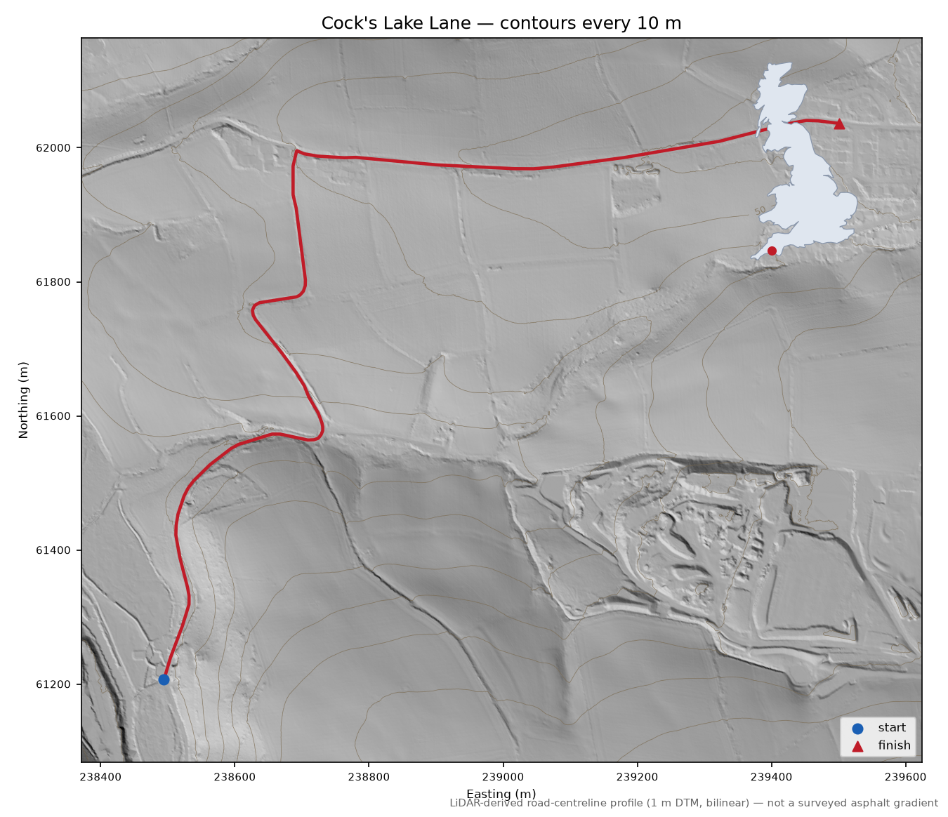 Cock's Lake Lane LiDAR hillshade map with contours