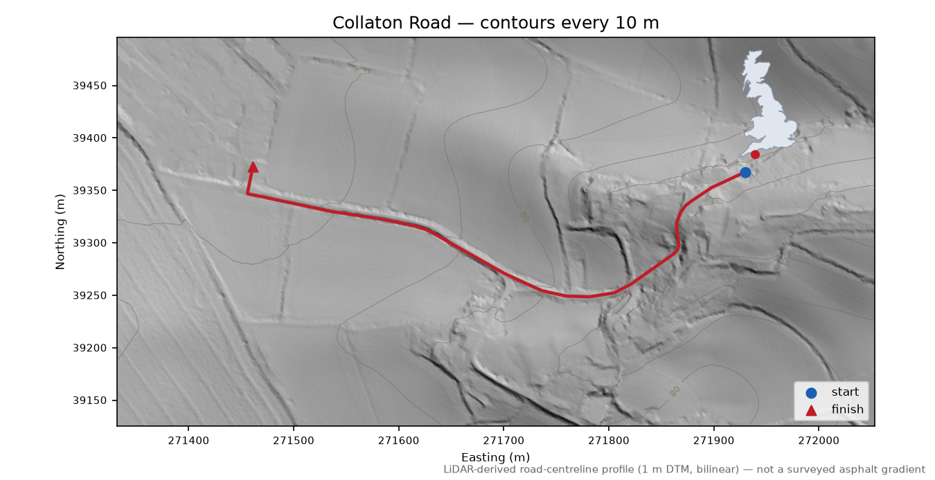 Collaton Road LiDAR hillshade map with contours