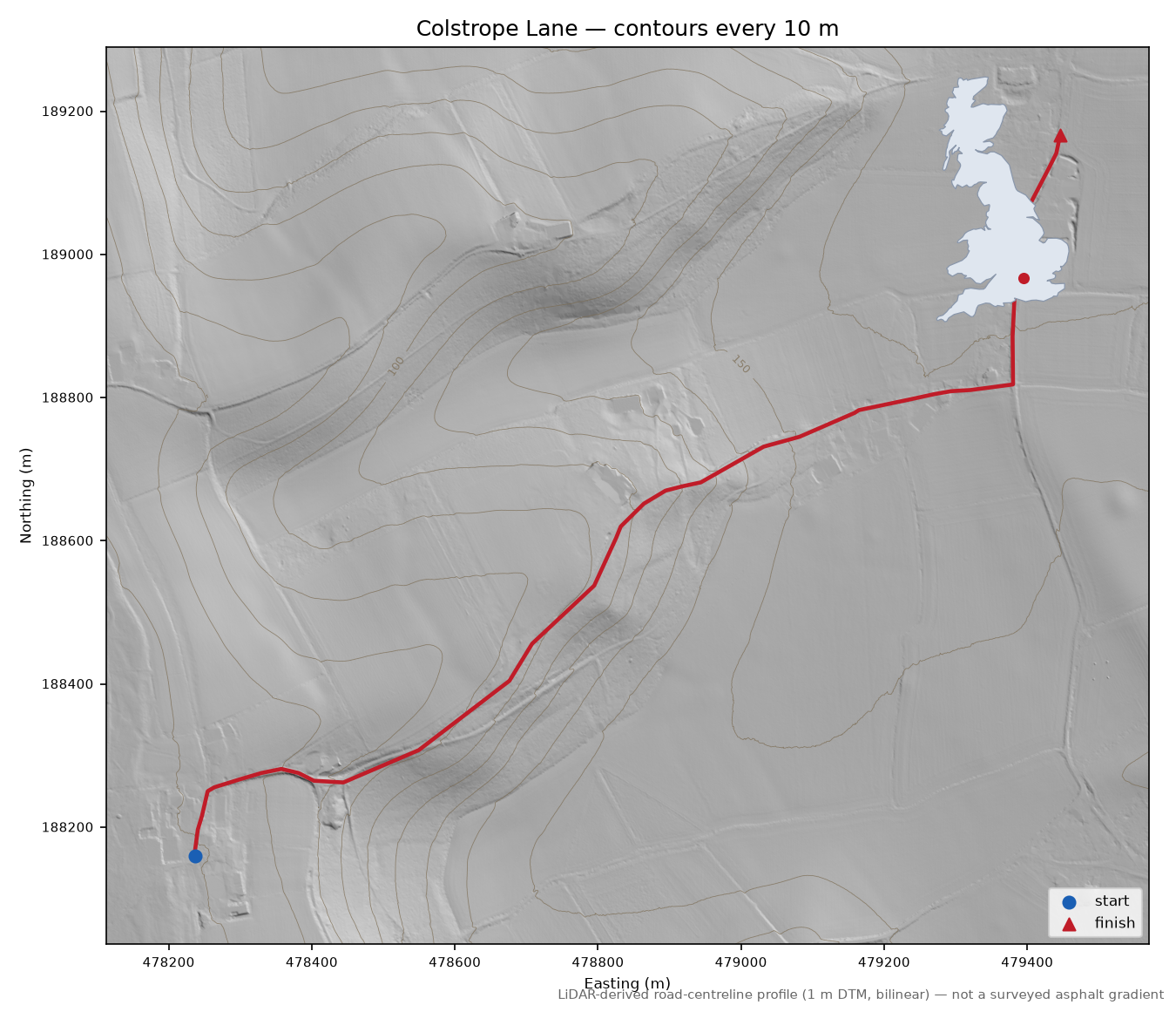 Colstrope Lane LiDAR hillshade map with contours