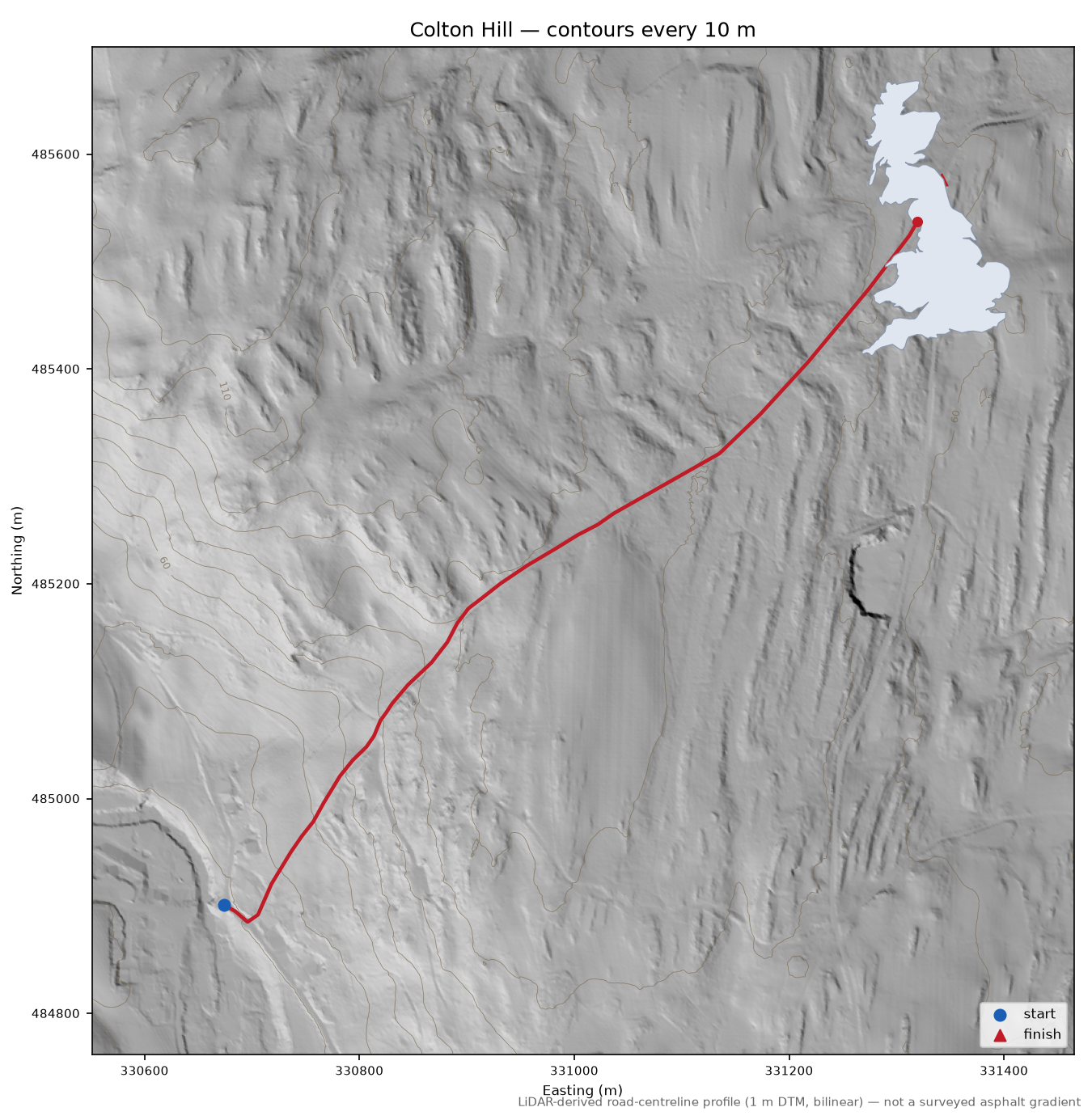 Colton Hill LiDAR hillshade map with contours